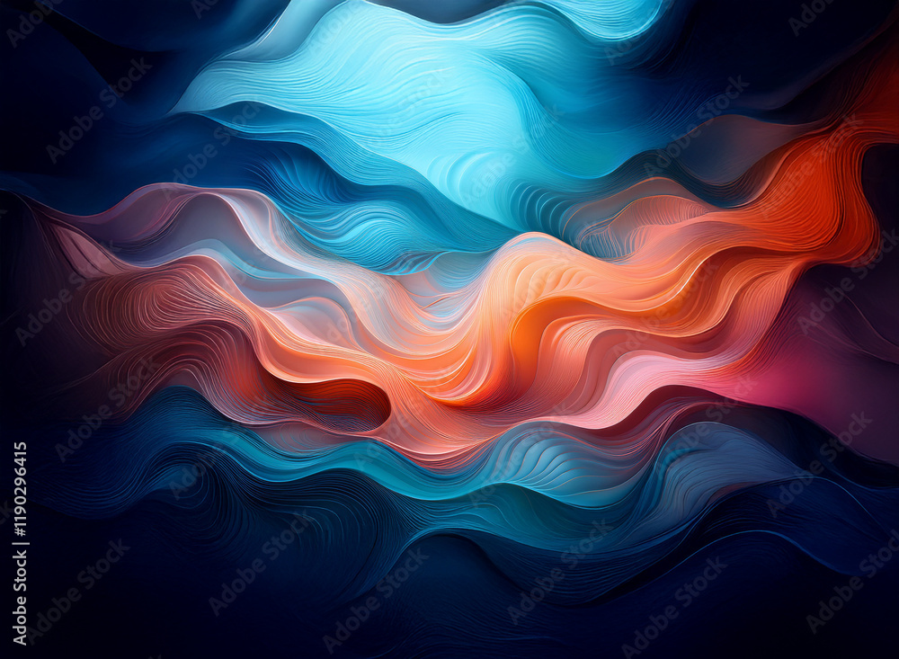 Poster abstract swirling forms in vibrant blue, orange, and red hues against a dark background. the colors 