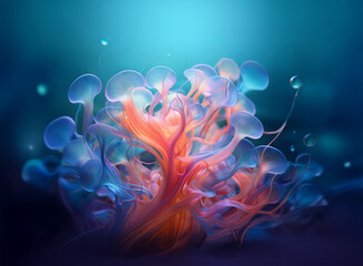Obraz premium Intricate, bioluminescent underwater flora thrives against a deep blue background. Its translucent, bell-shaped forms radiate vibrant orange and pink hues.