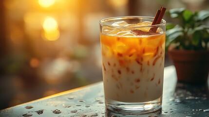 A Tall Glass of Iced Chai Tea With a Cinnamon Stick, Served on a Cozy Balcony With Potted Plants and a View of a Sunrise Over the City, Beverage Photography, Drinks Menu Style Photo Image