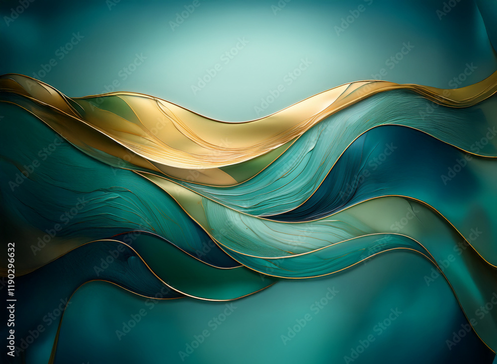 Poster fluid teal and gold abstract waves flow across a serene teal background. the interplay of light and 