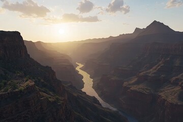 Fototapeta premium Sunset over canyon river, majestic landscape, travel background