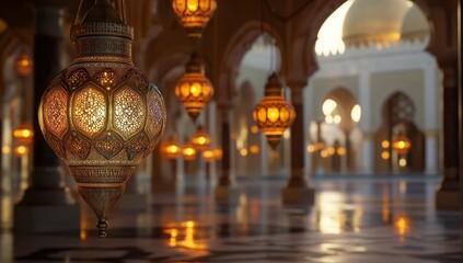 Ornate Lanterns Illuminate Serene Mosque: Warm, Golden Ambiance