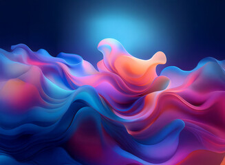 Fototapeta premium Abstract digital art depicting vibrant, flowing forms against a dark blue background. The colors shift smoothly between blues, pinks, and oranges, creating a dynamic, almost liquid-like effect.