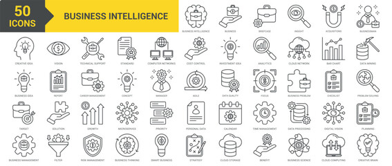 Business Intelligence icon collection set. Containing creative idea, business idea, target, business management, vision, technical support, standard, strategy, problem solving icon. Simple line vector