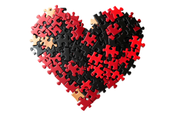 Heart shaped puzzle formed by black and red pieces in glossy style isolated on white transparent background