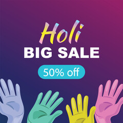 Square Holi sale banner featuring vibrant hands on a colorful gradient background