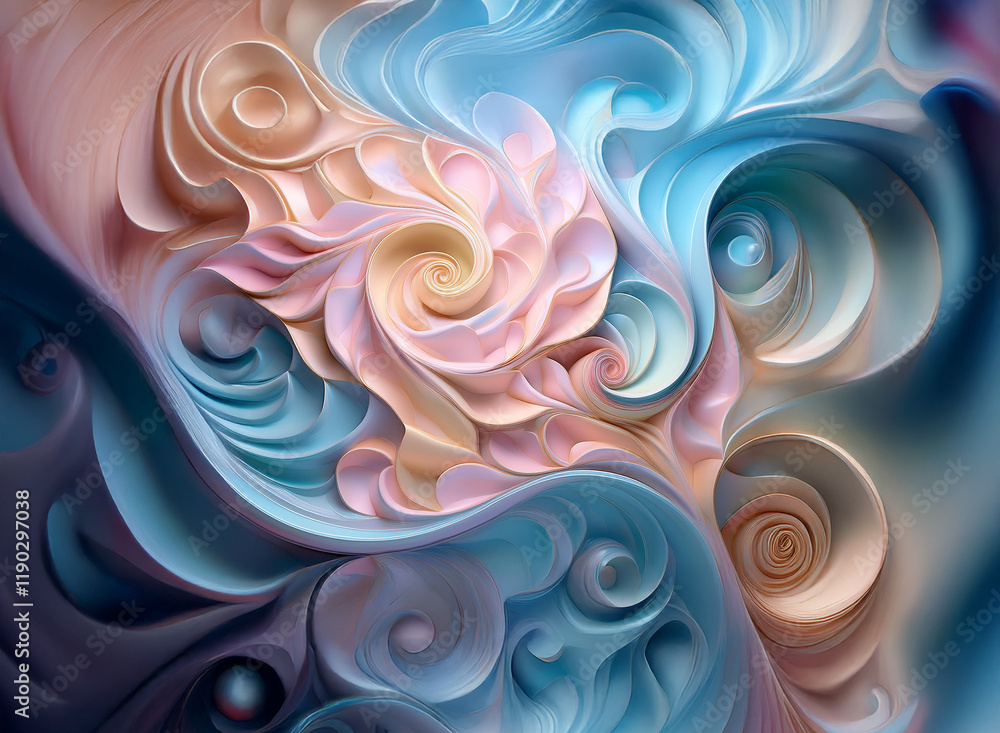 Poster abstract swirling pastel artwork with a textured background. fluid, organic forms create a visually 