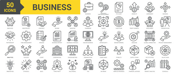Business icon collection set. Containing research and development, pie chart, agreement, decision, analytics, innovation, employee, project management, presentation, analysis icon. Simple line vector