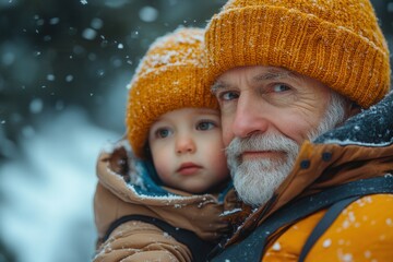 Fototapeta premium Grandfather enjoys snowy day with grandchild in cozy winter attire surrounded by falling snow
