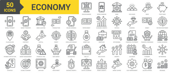 Economy icon collection set. Containing online banking, mobile banking, bank, gold bars, wage, piggy bank, mobile payment, placeholder, payment protection, money, fintech icon. Simple line vector