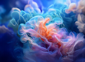 Obraz premium Abstract image of swirling, vibrant colors against a deep blue background. The colors blend and intermingle, creating a mesmerizing effect.