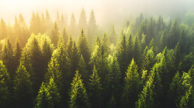Sunlight filtering through misty evergreen trees in a dense forest, suitable for nature blogs, environment websites, and outdoor publications.