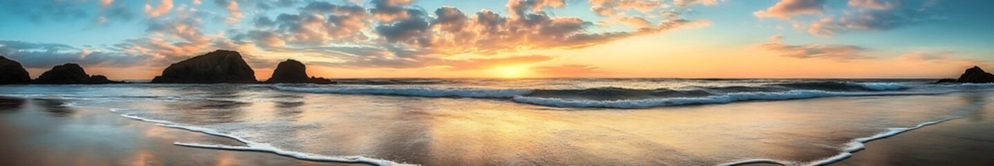 Obraz premium Beautiful sunset over the beach with waves crashing on the shore, showcasing amazing details and high-definition quality, perfect composition, and masterful photography skills.