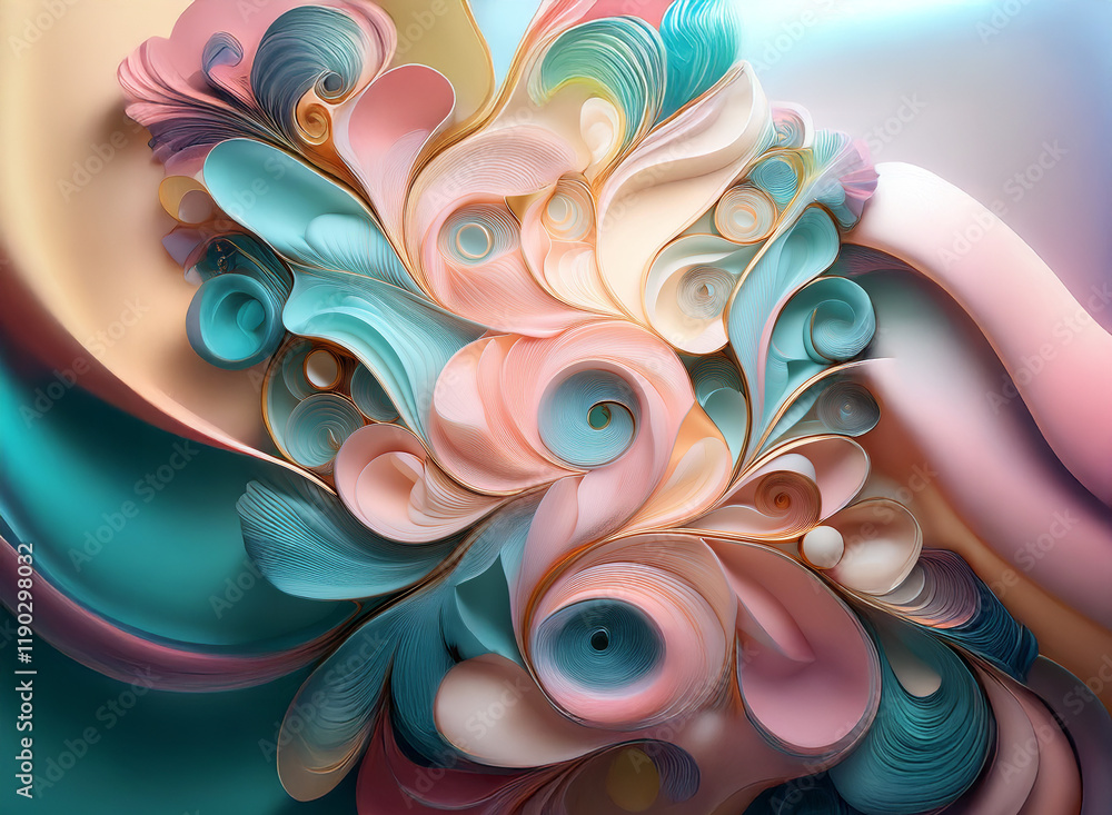 Poster abstract pastel swirls and curls form a vibrant floral design against a soft, blended background. th