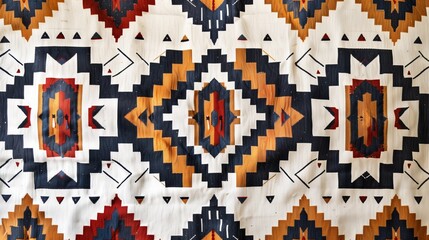 A traditional tribal textile with bold geometric patterns and earthy hues on white.