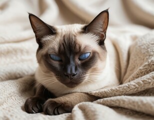 Serene Siamese Cat Resting on a Soft Beige Blanket