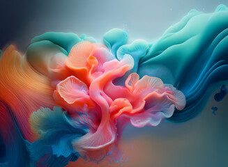 Fototapeta premium Abstract swirls of vibrant teal, orange, and pink hues blend seamlessly against a soft, light background. The colors create an ethereal, almost organic form.