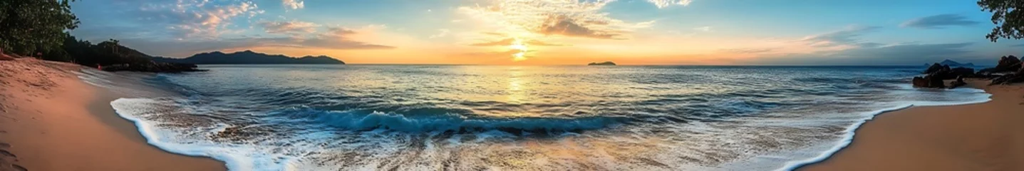 Stickers pour porte Beautiful sunset over the beach with waves crashing on the shore, showcasing amazing details and high-definition quality, perfect composition, and masterful photography skills.
