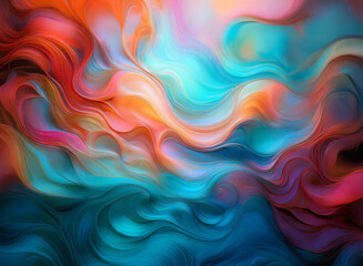 Obraz premium Abstract art featuring swirling, vibrant colors against a dark background. Fluid forms blend teal, orange, and pink hues, creating a dynamic and dreamy visual.