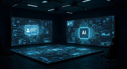 Artificial intelligence concept in a high tech futuristic room featuring holographic AI system visualization for data integration and technology innovation