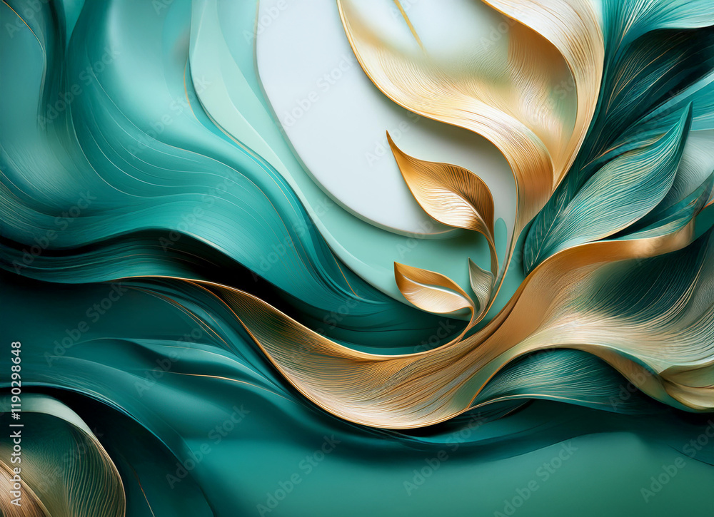 Poster abstract artwork featuring flowing teal and gold leaf forms against a muted background. the image ev