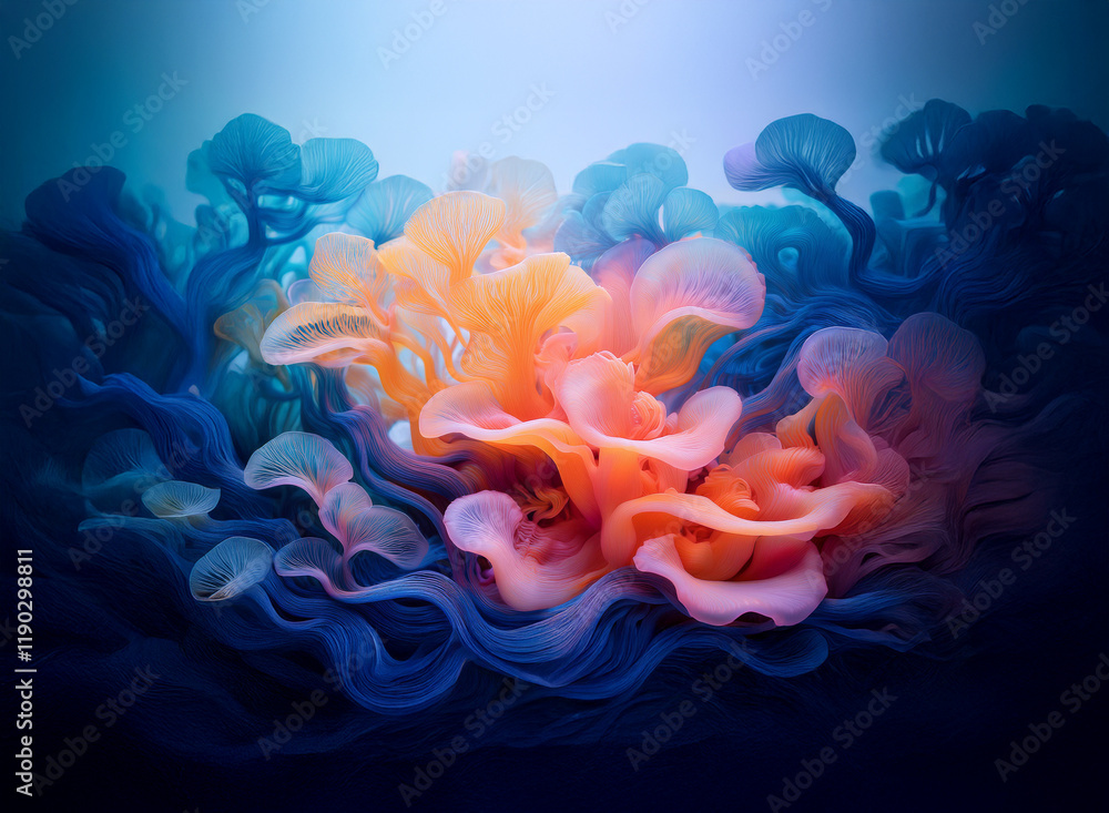 Poster intricate swirling patterns of translucent, peach, and teal colors create an ethereal underwater sce
