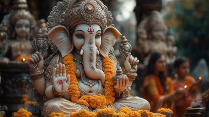 Fototapeta premium Decorated Ganesha Statue in a Festive Setting