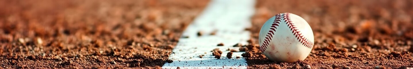 Close-up of a baseball on the ground with stunning details and perfect composition, captured in high definition with white borders. The image highlights the textured surface 