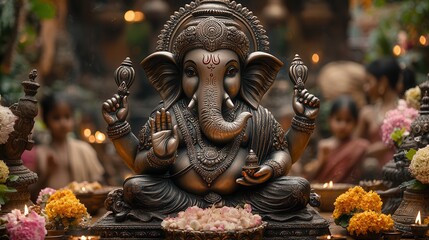 Fototapeta premium Ornate Ganesh Statue in Traditional Hindu Setting