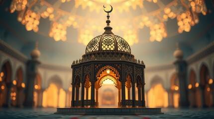 luxury Islamic mandala in sharp focus, positioned against a softly blurred bokeh background. The cinematic