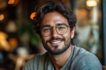 Obraz premium Smiling man in a cozy cafe during the afternoon, showcasing a warm atmosphere and friendly ambiance