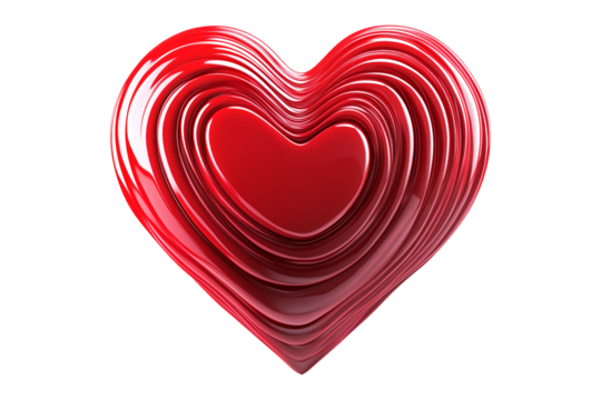 Abstract red heart with layered detailing, sharp, symmetrical design, isolated on white transparent backdrop
