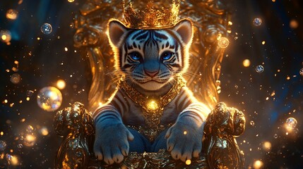 Majestic White Tiger Cub King on Golden Throne