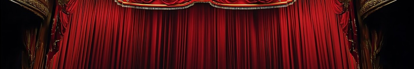 Stunning red stage curtains with perfect symmetry and intricate details, showcasing HD quality cinematography and masterful composition in a theatrical setting.