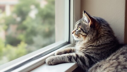A Gray Tabby Cat Gazing Out a Window