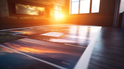 Sunlit Room with Photographs on Wooden Floor - Capturing Warmth and Creativity