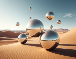 Surreal Desert Landscape with Reflective Metallic Spheres, Sunrise, 3D Render