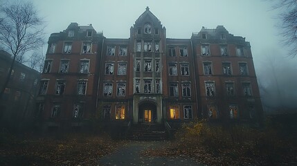Foggy, derelict building with broken windows and glowing interior lights.