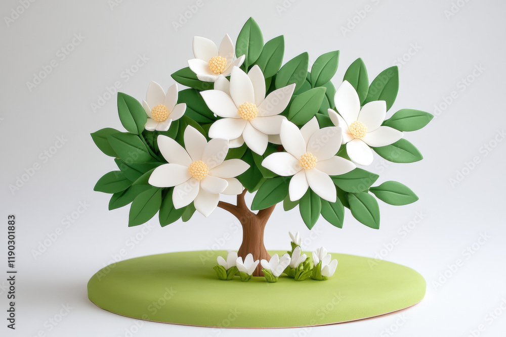 Poster claymation flower, a high-fidelity claymation image of a magnolia tree with creamy white features, s