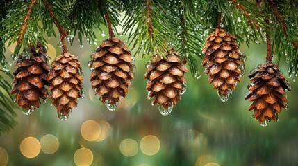 Rain-soaked pine cones on branch, bokeh background, holiday card