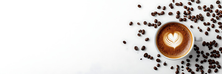 Looking down at a cup of coffee with beautiful latte art, surrounded by scattered coffee beans and large white space, high-definition quality and master-level photography skills.