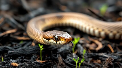 Fototapeta premium Wildfire and Wildlife Concept, Snake Slithering Through Charred Debris in Burnt Landscape After Wildfire Recovery