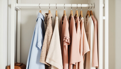 Minimalist pastel wardrobe thoughtfully organized on wooden hangers