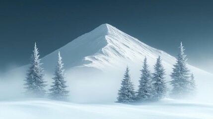 Obraz premium Serene Winter Landscape: Snow-Covered Mountain Peak and Foggy Forest