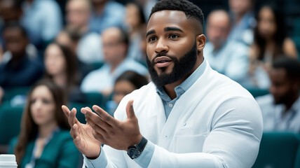 Doctor presenting research findings at a medical conference in a modern auditorium setting
