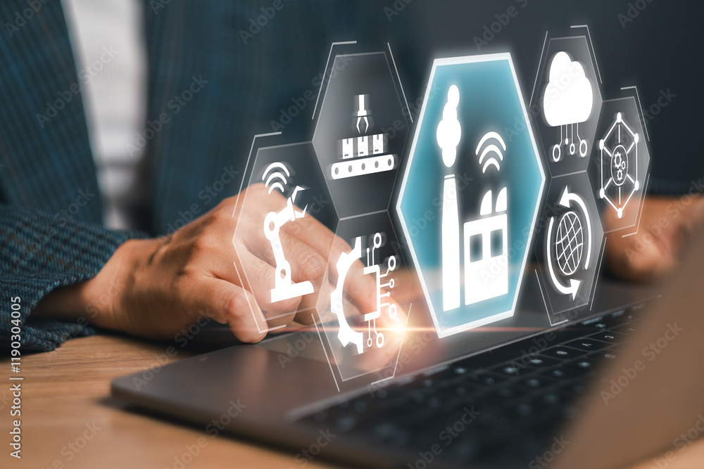 Poster industry 4.0 concept with digital interface and automation technology in modern manufacturing and sm