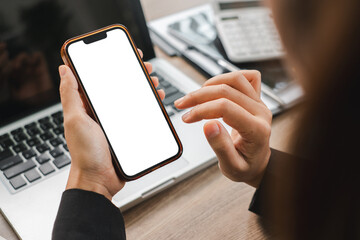Businesswoman Holding Smartphone with Blank Screen in Office Setting for App Design or Marketing Concept