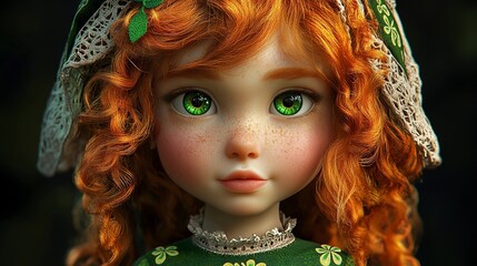 Portrait of a Digital Redhead Girl with Green Eyes and Clover Headband