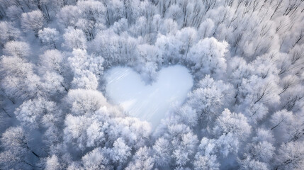 Aerial view of a heart-shaped frozen lake surrounded by frosty trees
