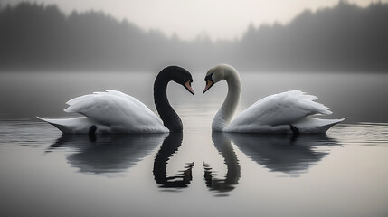 Fototapeta premium Black and white swans forming a heart shape on a serene lake, symbolizing tranquility, harmony, and natural beauty. Peaceful reflection of love in nature.